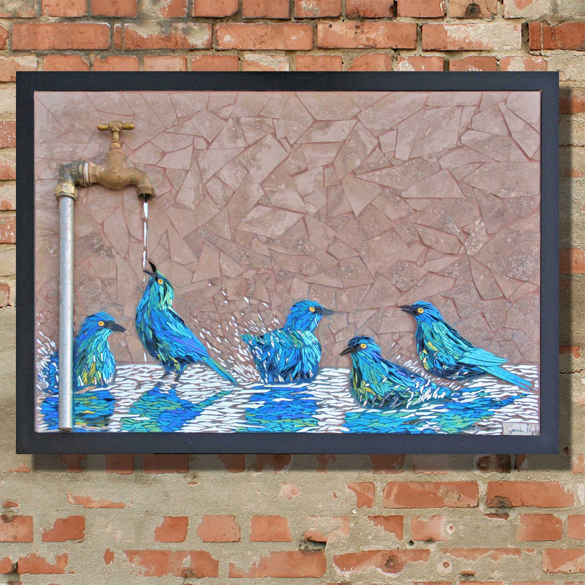 Title: “Starlings at Dripping Tap”<br/> 
Size: 60 x 90 cm<br/>
Price: SOLD (South Africa)<br/>  
Inspiration: A flock of Glossy Starlings having a bath under a dripping tap! These are one of my favourite bushveld birds, a common visitor to most picnics and such little characters! They love a vigorous bathing and saturating themselves in the water.