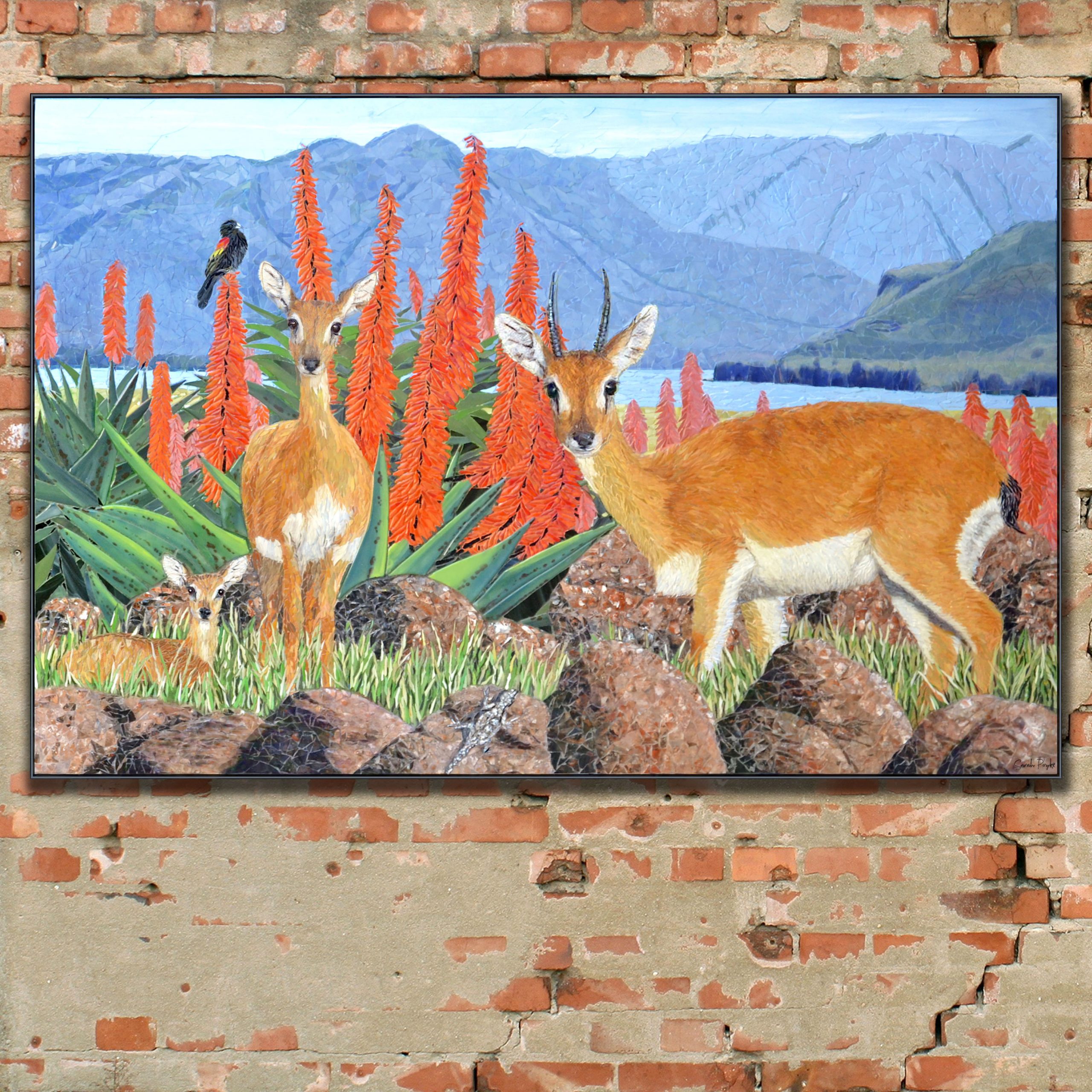 Title: “Oribis and Aloes”<br/> 
Size: 800x1200 cm<br/>
Price: COMMISSION (South Africa)<br/>  
Inspiration: Combining photos and ideas from the client's lovely home to create a scene with a family of oribi in the grasslands with the bright orange-red aloes, and beautiful Midmar dam as the backdrop. 