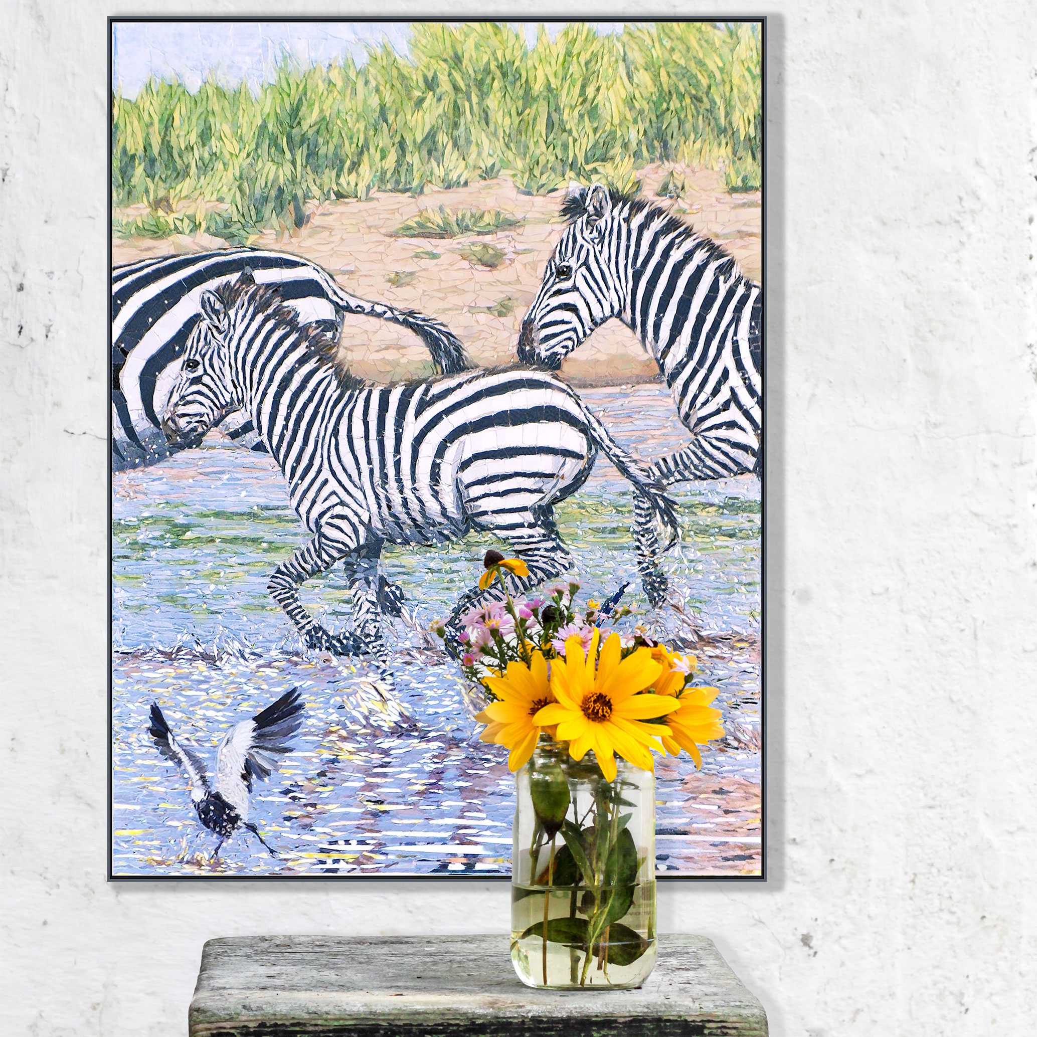 Title: “Splashing Out”<br/> 
Size: 42x60 cm<br/>
Price: SOLD (South Africa)<br/>  
Inspiration: Trying to catch the movement, reflection and colour of zebras running through water, while flushing up a pair of blacksmith plovers. 

Part of the 2021 Mosaic Association of Australia and New Zealand juried exhibition