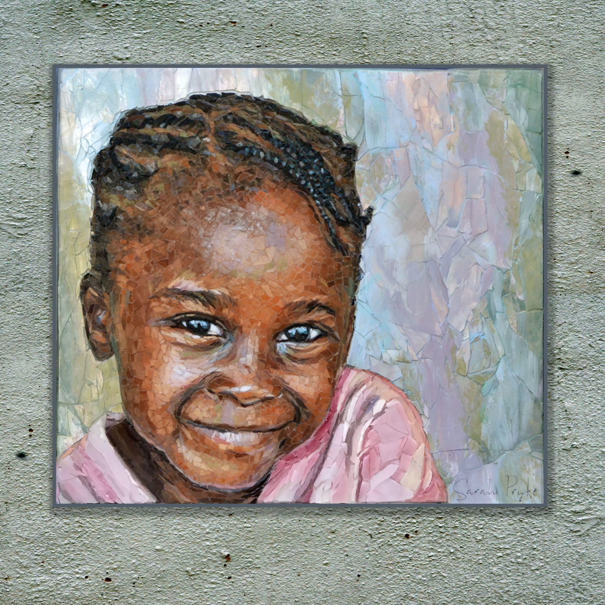 Title: “Thandeka”<br/> 
Size: 25x28 cm<br/>
Price: SOLD (South Africa)<br/>
Inspiration: Thandeka is a happy and sweet little girl, who is a bit shy... and also just a little bit cheeky! I've tried to capture the light, and her beautiful, bubbly spirit and infectious smile, in her dark eyes by including the big horizon/sky reflection (and my silhouette) as she smiled up at me while I took the photograph. 